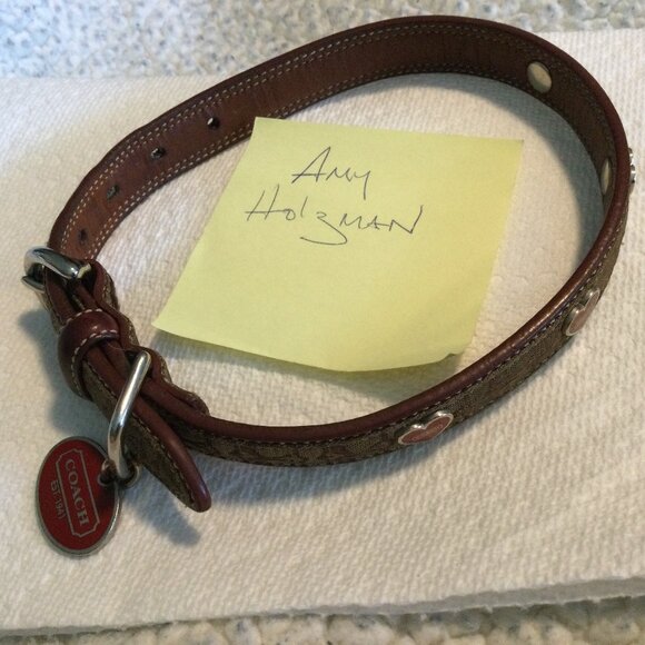RARE! AUTHENTIC COACH Signature Fabric & Leather Dog Collar w/ Hearts,Size M